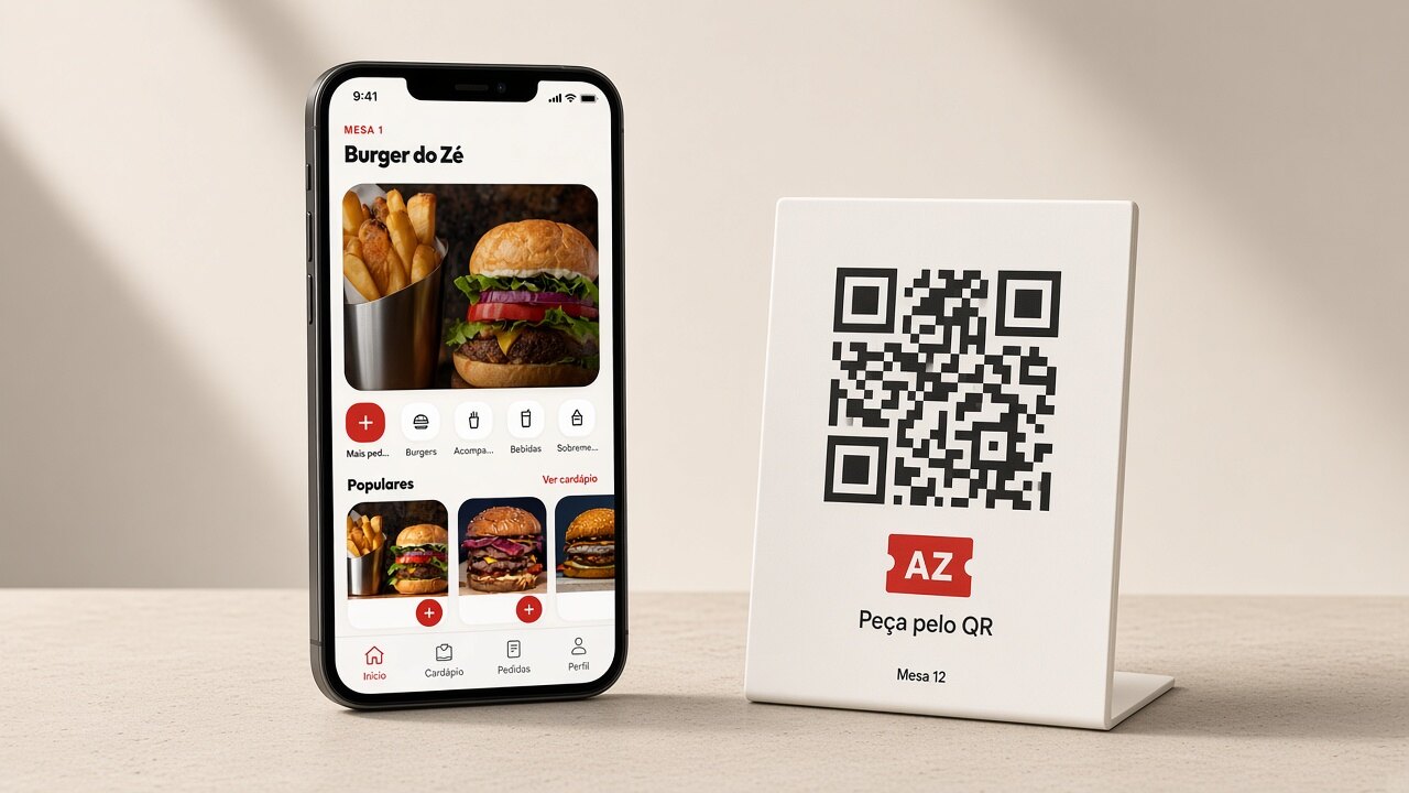 Celular com o cardápio AZMenu ao lado do totem QR na mesa